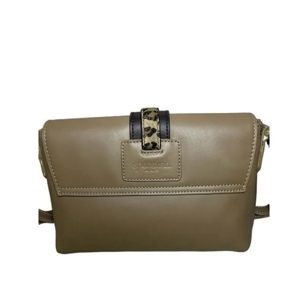 Spartina 449 Taupe Leather Hipster Crossbody Bag With Leopard Calf Hair Buckle‎